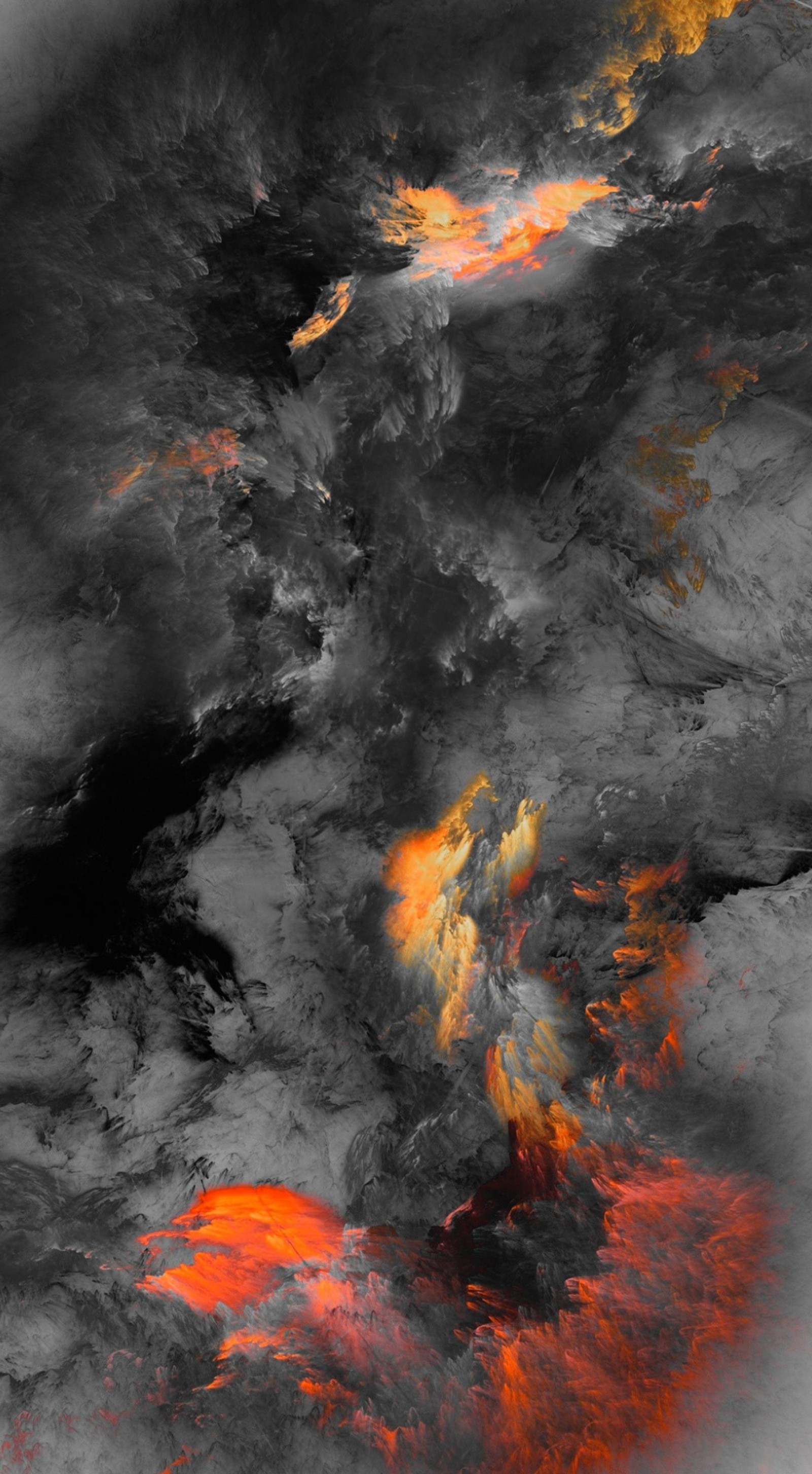 Un gros plan d'un nuage noir et orange avec un nuage rouge et jaune (black fire, fumée)