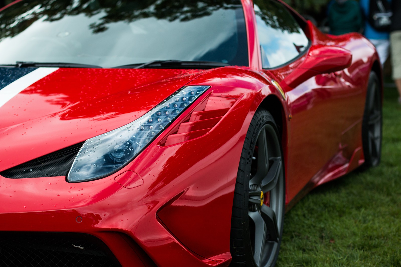 Un primer plano de un coche deportivo rojo estacionado en un campo de hierba (coche deportivo, ferrari 458 speciale, laferrari, coche, supercoche)