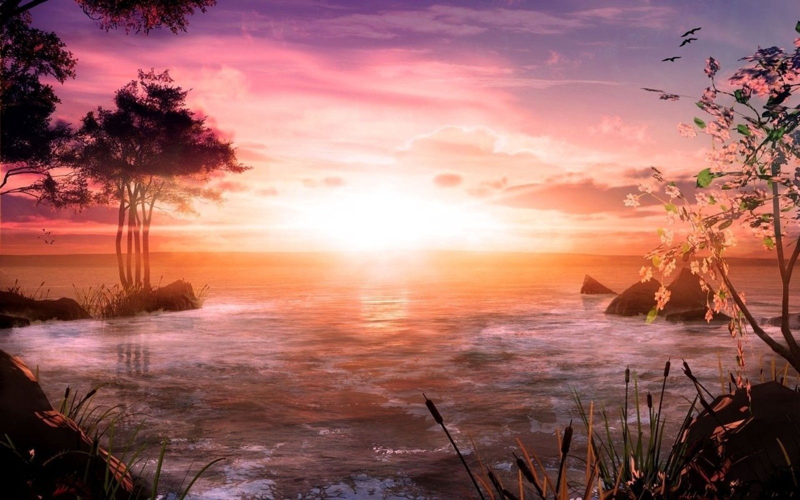 A view of a sunset over a body of water with trees (sunset, sunrise, morning, horizon, afterglow)