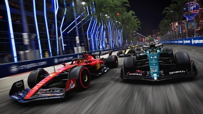 Coches de F1 corriendo bajo luces de neón: Juegos 2023 fondo de pantalla 4K