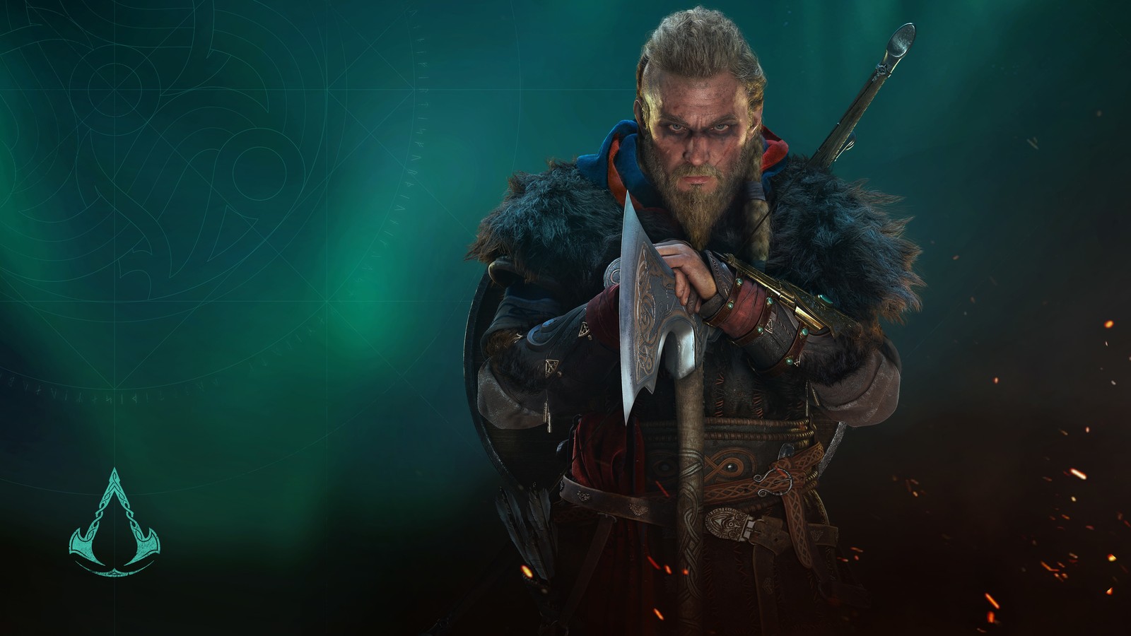 A man with a sword standing in front of a green background (eivor, assassins creed valhalla, ac valhalla, video game, viking)