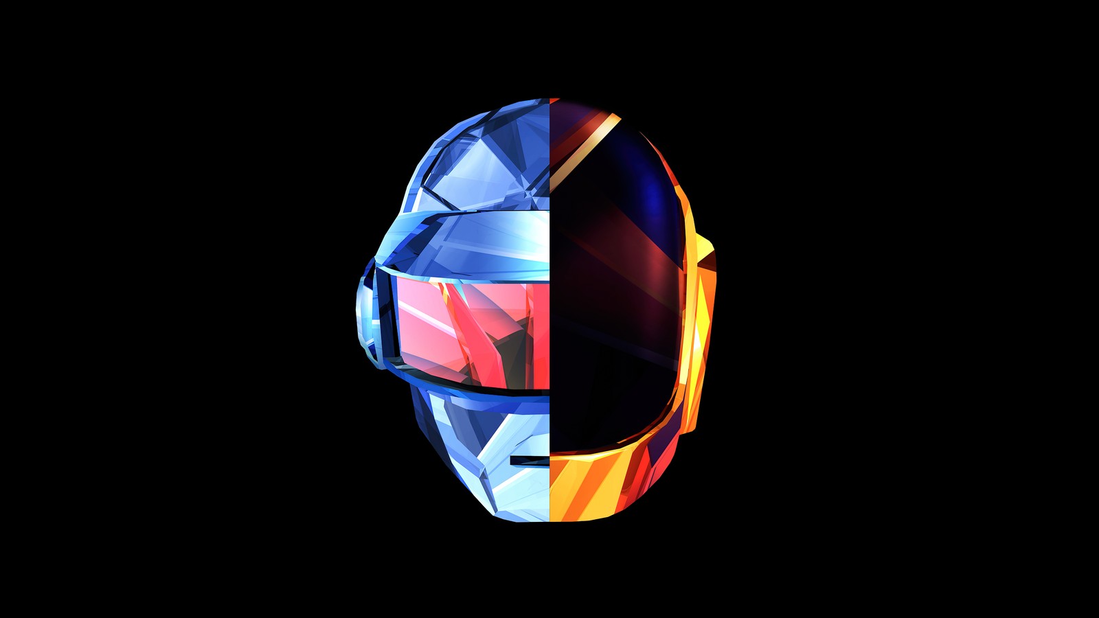 A close up of a helmet with a red and blue design (daft punk, helmet, dark background, minimal art, simple)