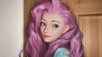 Seraphine de League of Legends com cabelo rosa vibrante e um sorriso brincalhão.