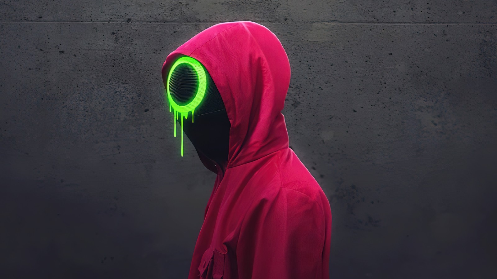 Verschwommene aufnahme eines mannes in einem roten hoodie mit grünem neonlicht auf dem gesicht (squid game, netflix, fernsehserie, maske, rosa)