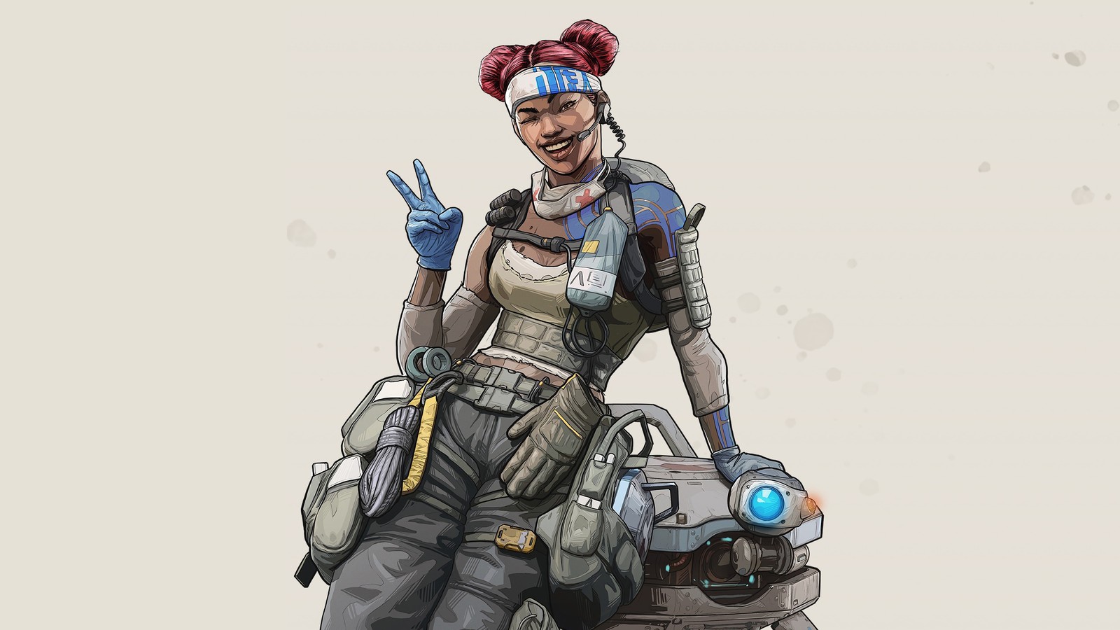 Uma mulher de capacete e luvas segurando uma arma (apex legends, jogo de vídeo, linha de vida)