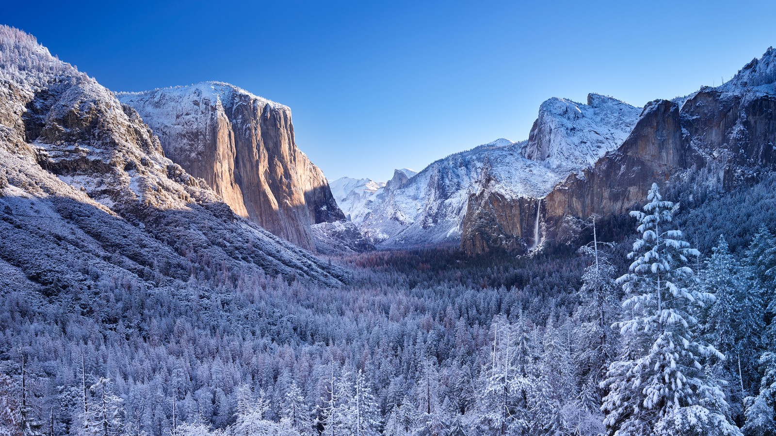 Eine ansicht des tals im winter mit schnee auf dem boden (yosemite tal, yosemite valley, winter, gebirgige landformen, gebirgskette)