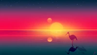 flamingo, digital art, sunset, horizon wallpaper