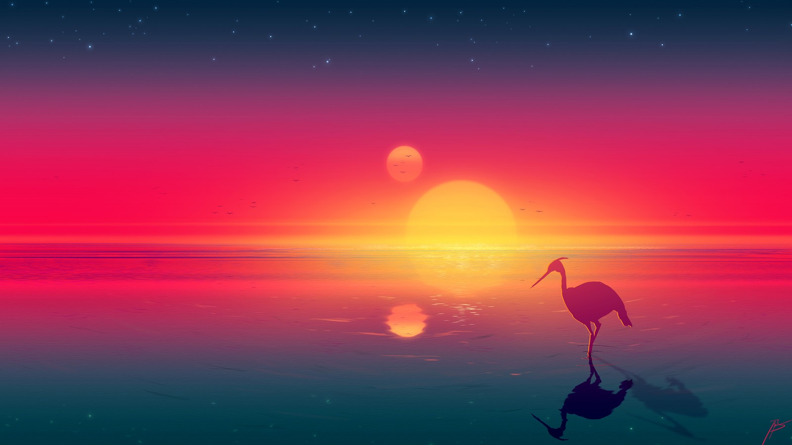 Un oiseau se tenant sur la plage au coucher du soleil avec le soleil se couchant (flamant, art numérique, coucher de soleil, horizon)