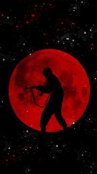 Silhouette of a Figure Against a Blood-Red Moon in Space