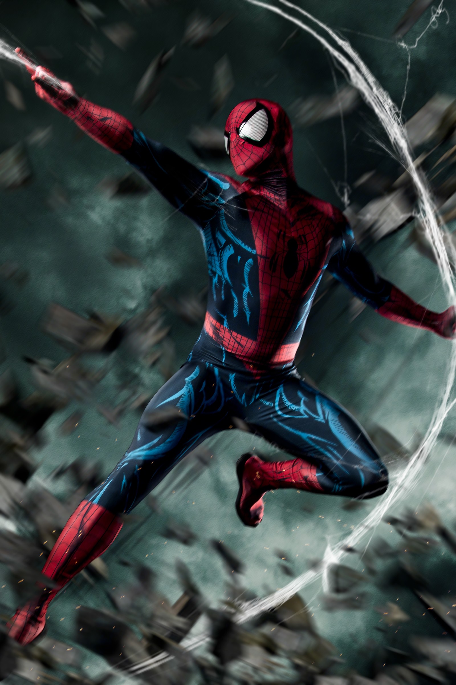 Homem-aranha em um traje de aranha voando pelo ar (homem aranha, spiderman, arte de fãs, super heróis marvel, marvel superheroes)