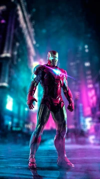 Iron Man: Una deslumbrante actuación de superhéroe en una ciudad de colores neón