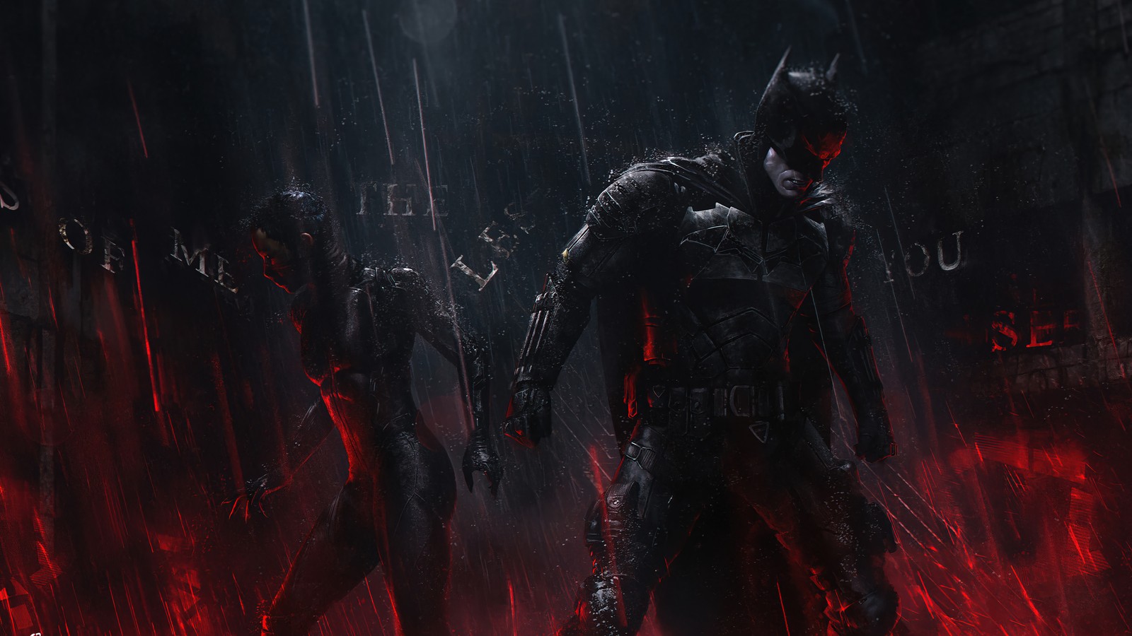 Batman arks in the rain with red lights (the batman 2022, movie, batman, catwoman, art)