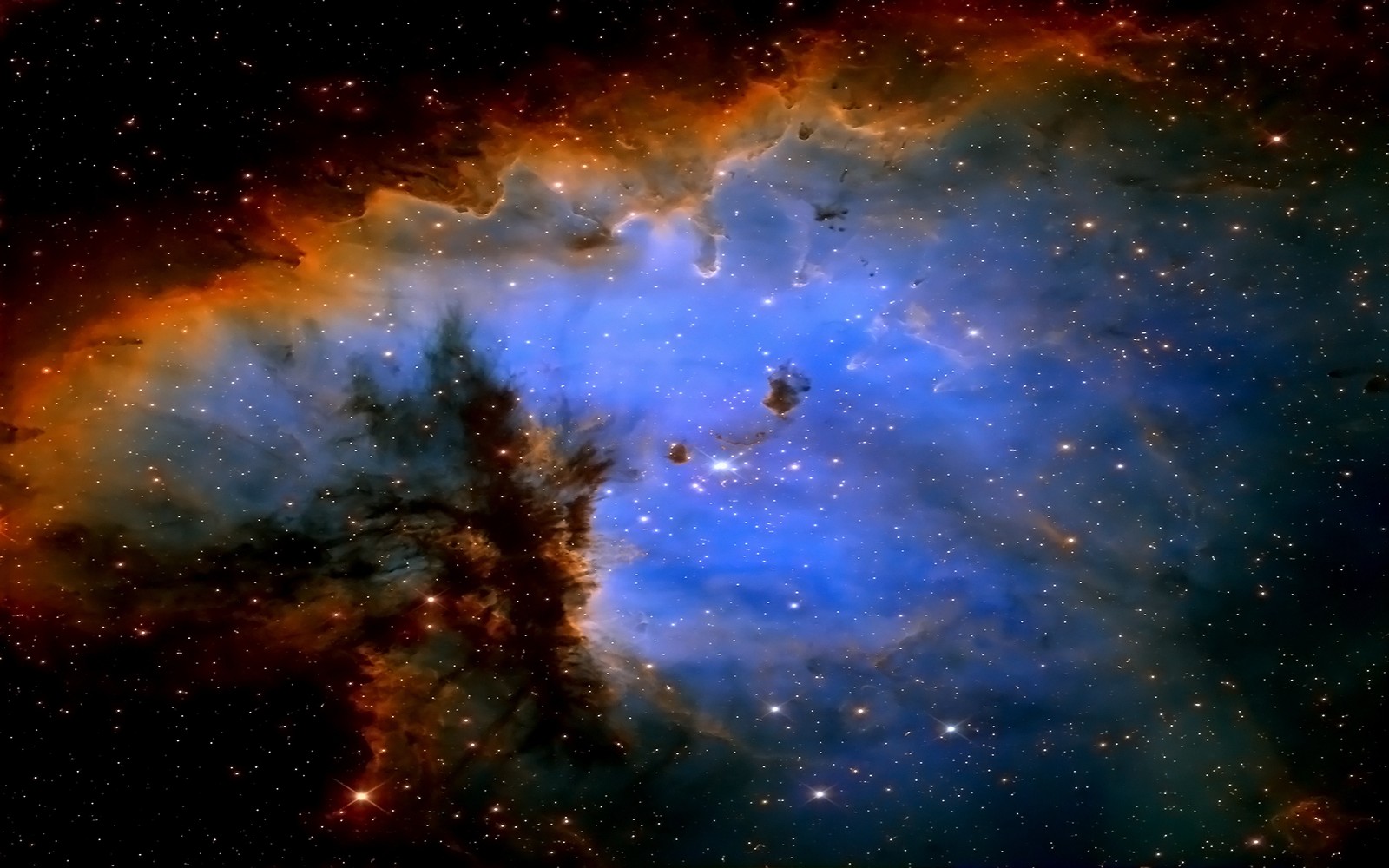 Um close de um céu cheio de estrelas com uma nebulosa azul. (nebulosa, universo, atmosfera, objeto astronômico, espaço sideral)