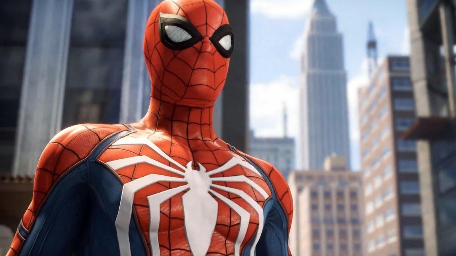 L'homme-araignée en costume se tient devant une ville (spider man, insomniac games, super héros, héros, personnage fictif)