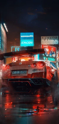 Nissan Skyline GT-R in Neonlichtern der Stadt