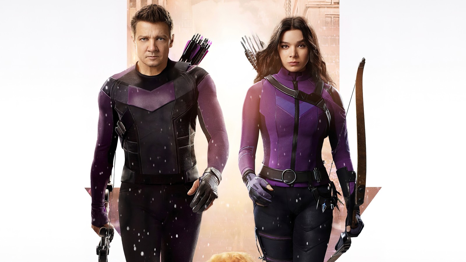 Um close de uma pessoa em pé ao lado de um cachorro (a série hawkeye, disney, série de televisão, clint barton, kate bishop)