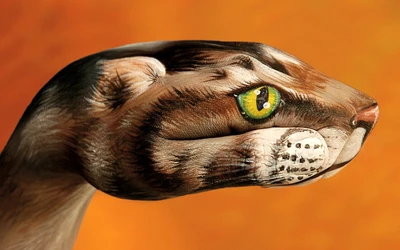 Artistic depiction of a feline-inspired animal head painted with intricate details against a warm orange background.