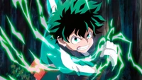 Izuku Midoriya unleashes his power in a dynamic battle pose, showcasing determination and energy.