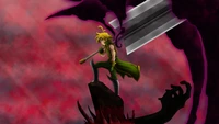 Meliodas de pie victorioso con espada contra fuerzas oscuras - Los siete pecados capitales