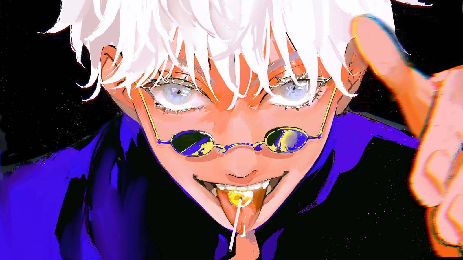 Anime character with white hair and glasses making a peace sign (jujutsu kaisen, anime, sorcery fight, 呪術廻戦, satoru gojo)