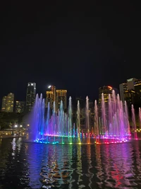 Vibrant Nighttime Fountain Display Reflecting City Lights