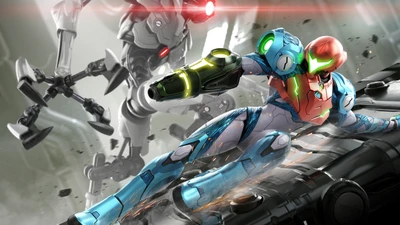 Samus Aran em ação: lutando contra E.M.M.I. em Metroid Dread