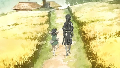 Hyakkimaru e Dororo caminhando por campos dourados