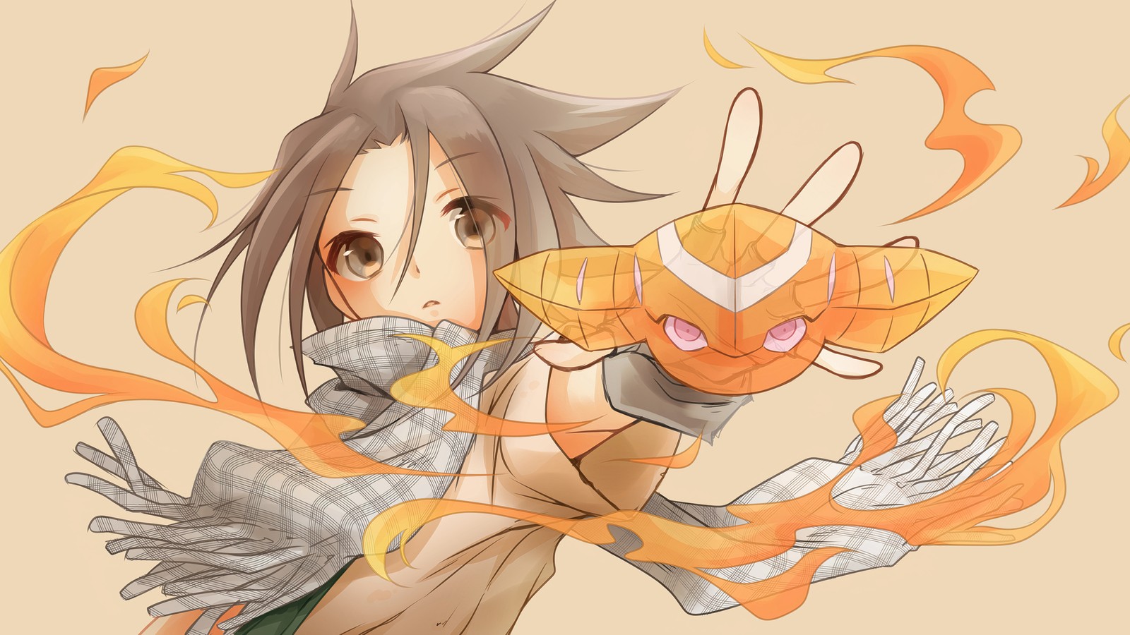 Imagen de caricatura de una chica sosteniendo un gato con llamas saliendo de su boca (shaman king, anime, yoh asakura)