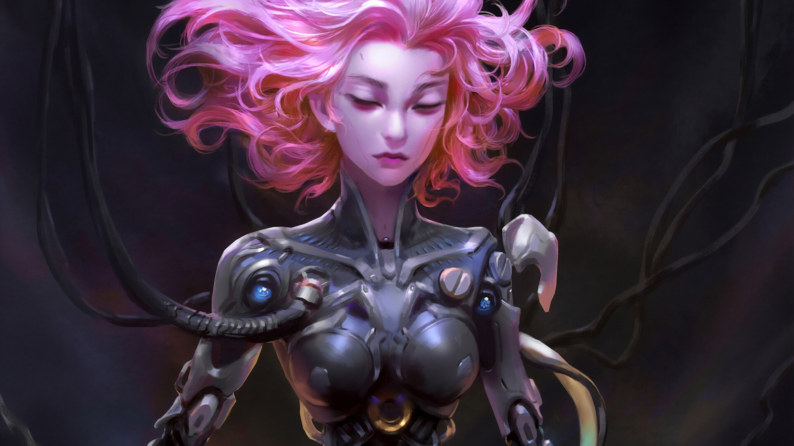 A close up of a woman with pink hair and a robot body (sci fi, girls)