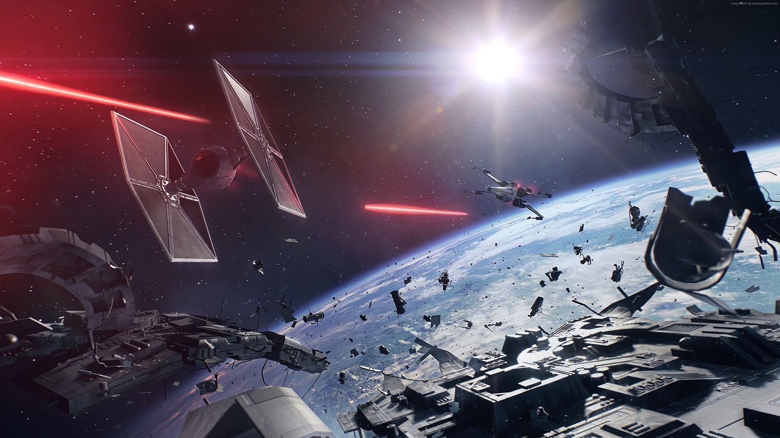 A group of star wars fighters flying over a space station (star wars battlefront ii, star wars, space, outer space, video games)