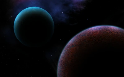 Two celestial bodies orbiting in a cosmic landscape, surrounded by a vibrant nebula and dotted with distant stars.