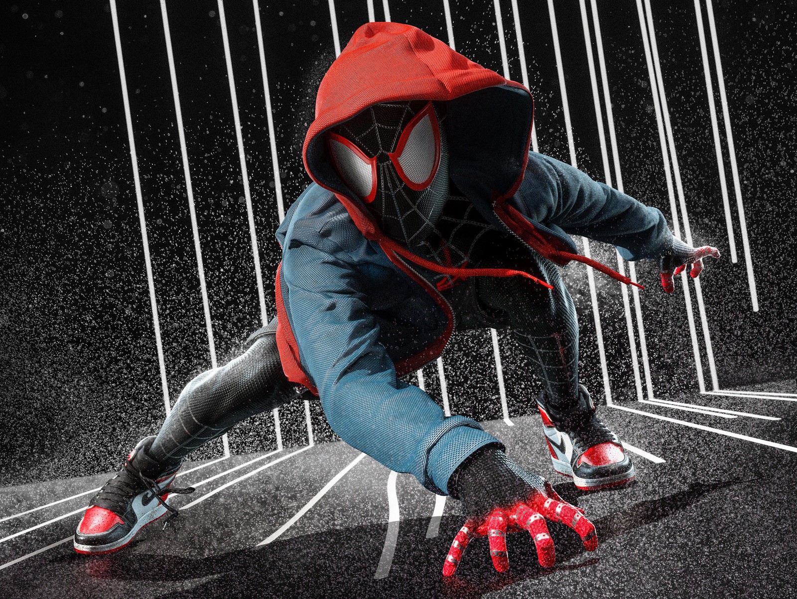 Spider-man dans un hoodie rouge et une tenue noire et blanche est accroupi (miles morales, spider man, univers spider, super héros marvel, marvel superheroes)