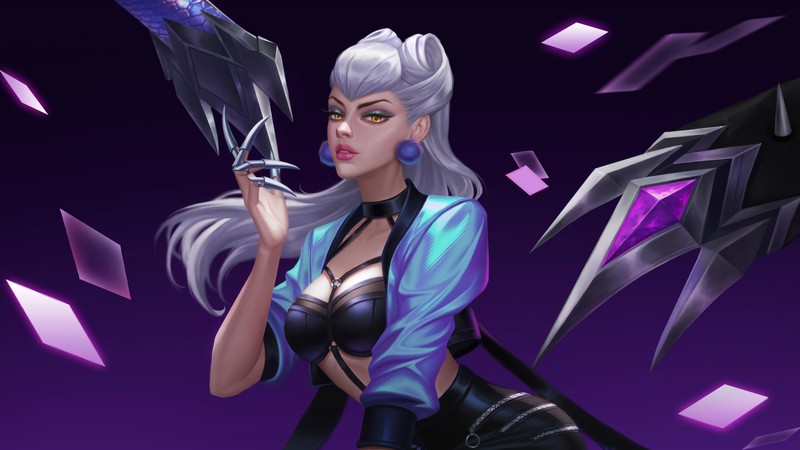 Женщина с мечом на фиолетовом фоне (kda, evelynn, все на выход, lol, league of legends)