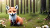 Scène de forêt surréaliste avec un renard mignon parmi des fleurs sauvages