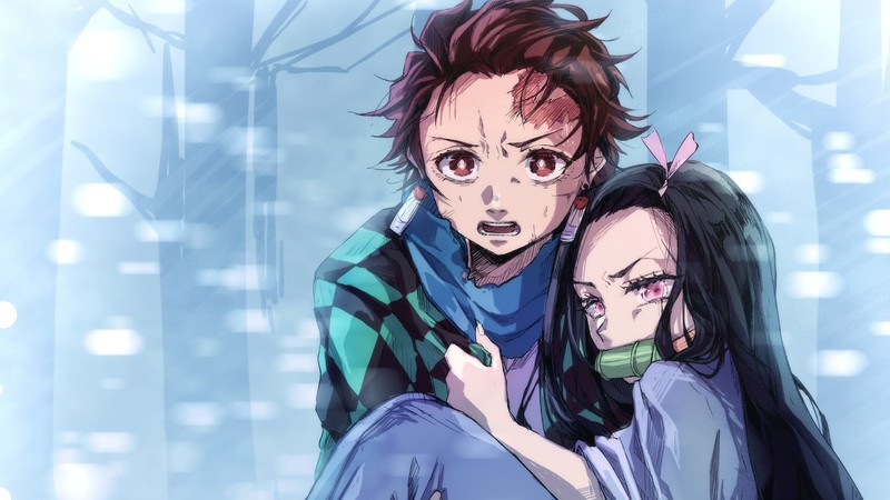 Пара персонажей аниме, обнимающих друг друга в снегу (tanjirou kamado, nezuko kamado, kimetsu no yaiba, убийца демонов кимэцу но яиба, demon slayer kimetsu no yaiba)