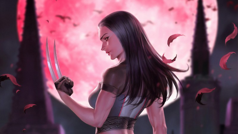 Женщина с ножом в руке стоит перед полной луной (x 23, комиксы, marvel comics)