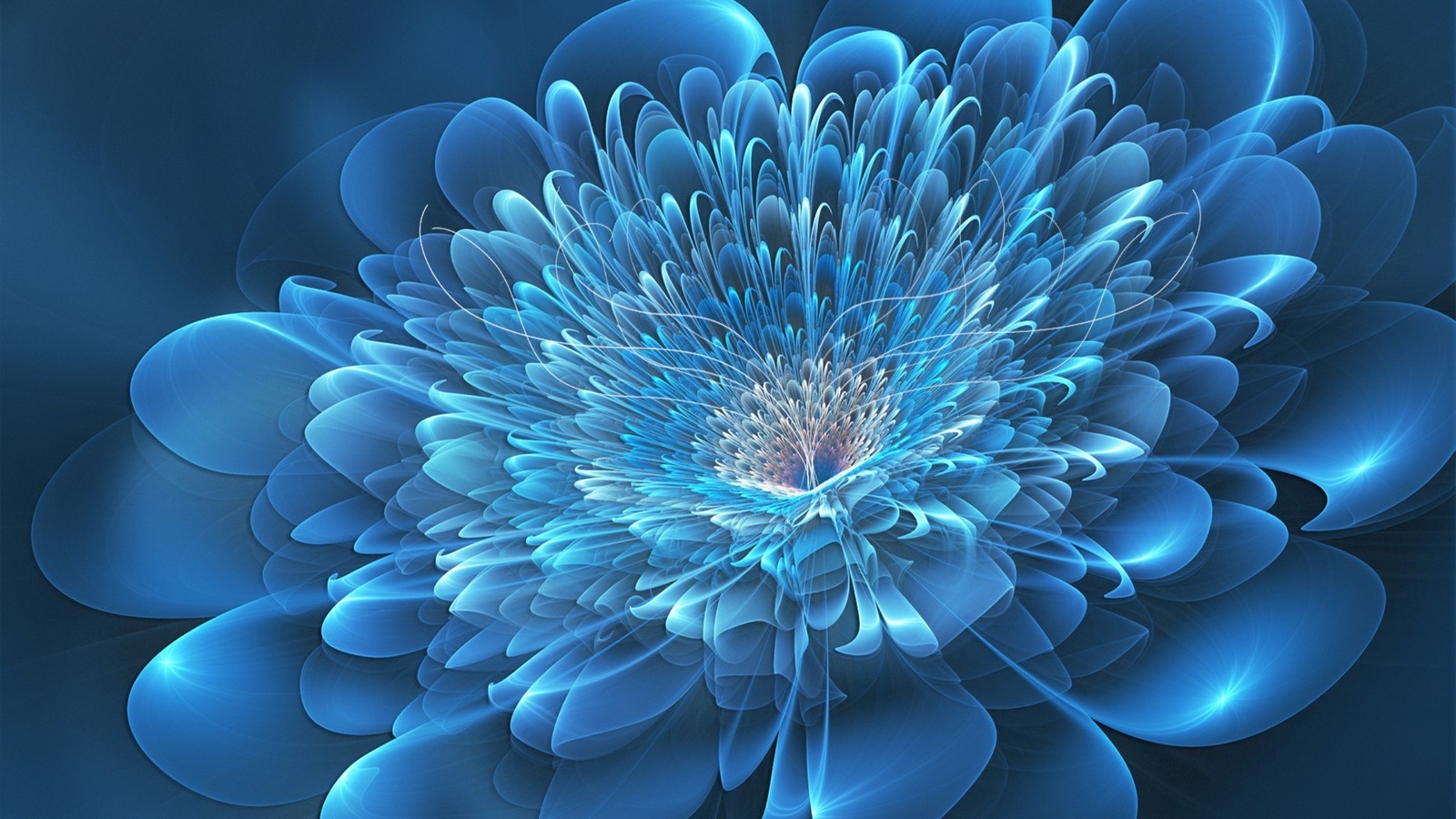 Um close em uma flor azul com um grande centro (arte fractal, arte digital, azul, pétala, flor)