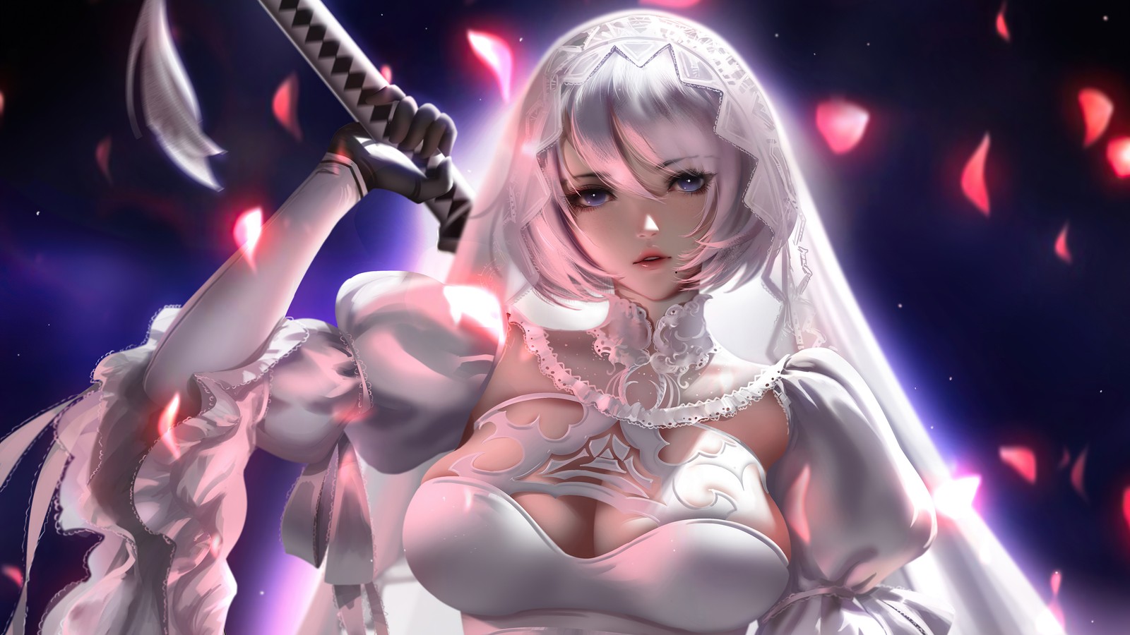 Chica de anime con espada y vestido blanco en una habitación oscura (yorha 2b, yorha no 2 tipo b, yorha no 2 type b, nier automata, videojuego)