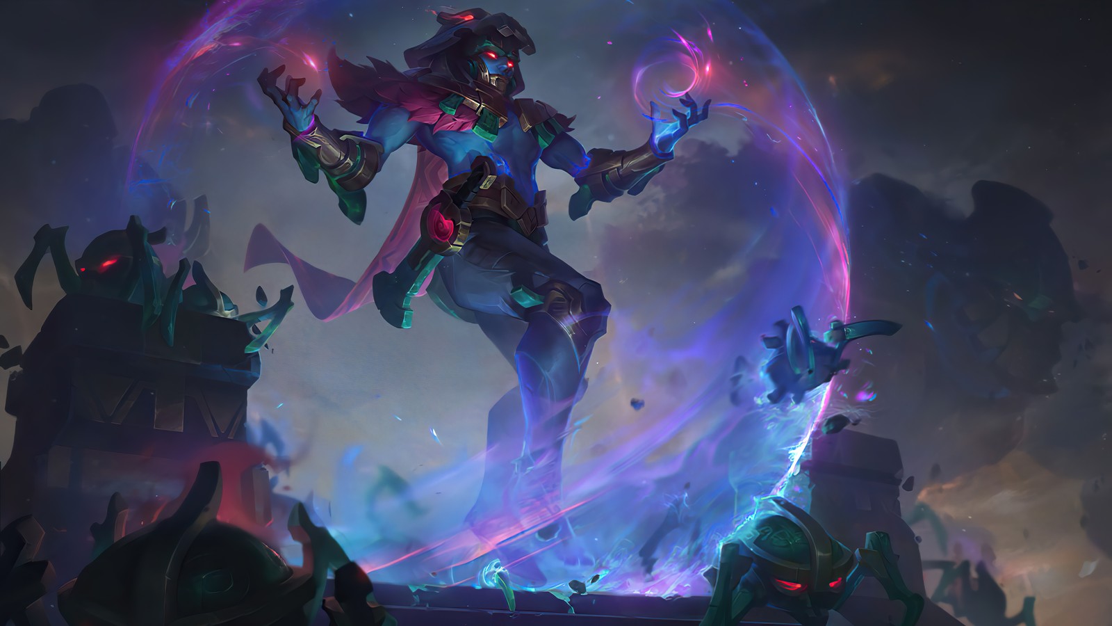 A screenshot of a female hero in a purple outfit with a glowing orb (worldbreaker, malzahar, splash art, skin, league of legends)