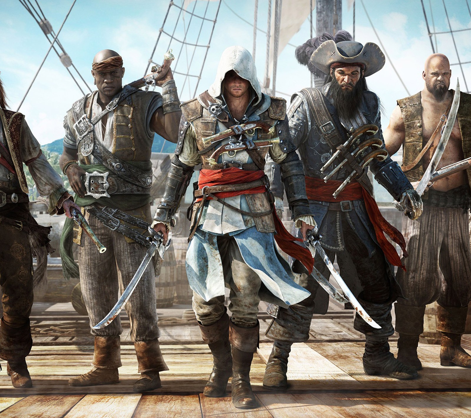 A group of men standing on a boat with swords (assassins creed 4, black flag, pirate)