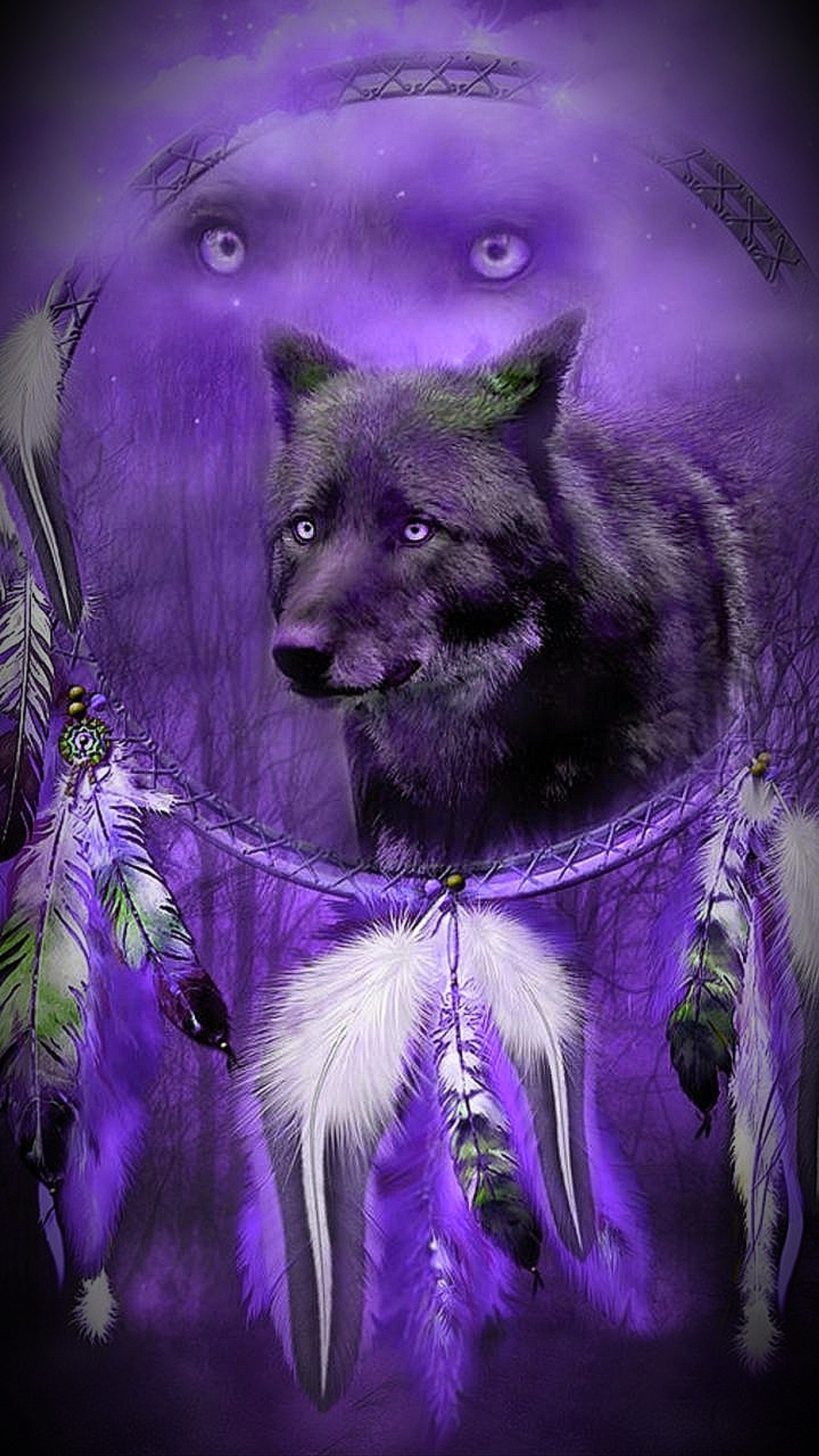 Apanhador de sonhos roxo com um lobo e penas (animais, dream capter, roxo, lobo)