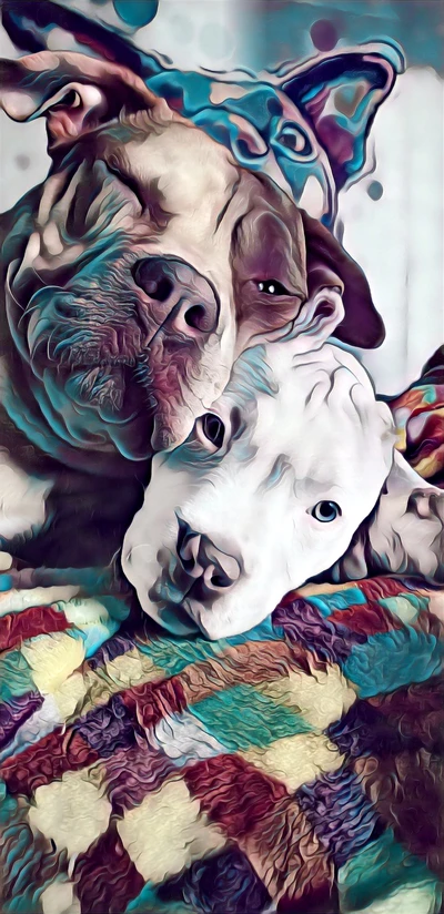 Dúo cariñoso de American Bully: un pitbull y un cachorro acurrucándose juntos