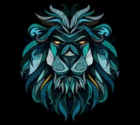 Design abstrait de lion avec des motifs complexes et des couleurs vives sur un fond noir.