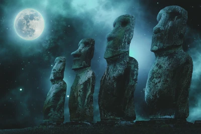 Moai Statues Under a Full Moon in a Starry Night Sky