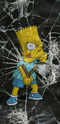 Bart Simpson with Slingshot Behind a Smashed Screen