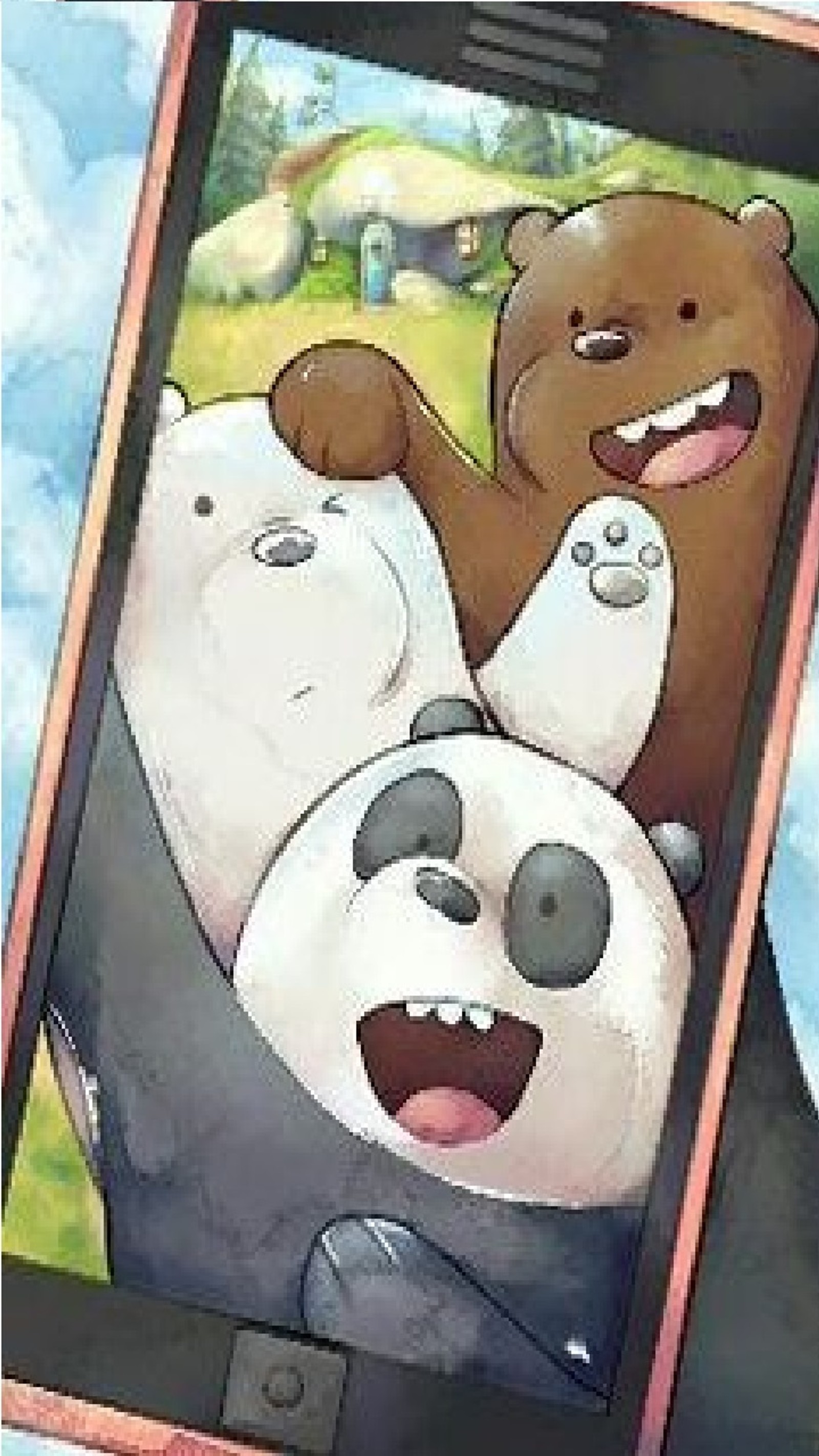 Cartoon picture of a cell phone with a picture of a bear and two panda bears (bear, picture)