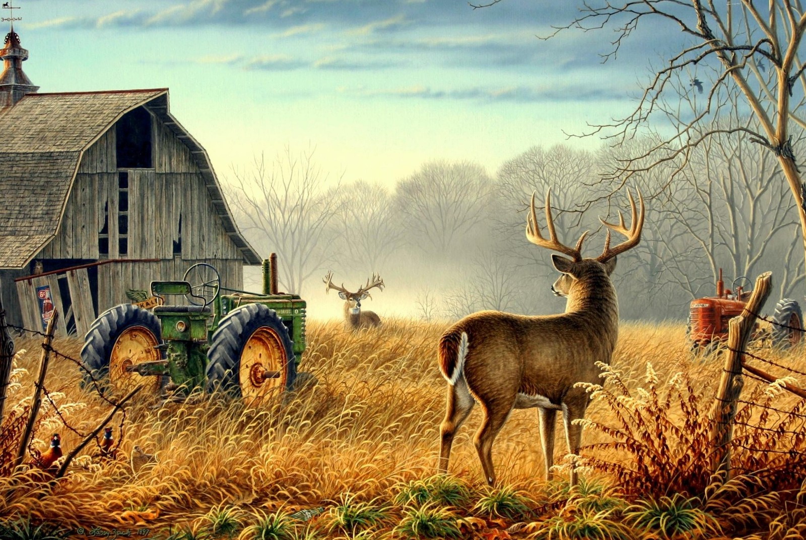 Painting of a deer and a tractor in a field with a barn in the background (awesome, nature)