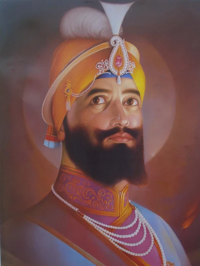 Porträt eines Sikh-Kriegers in traditioneller Kleidung, geschmückt mit kunstvollem Schmuck und einem lebhaften Turban, der den Geist von Khalsa verkörpert.