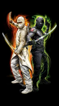 Confronto épico: Snake Eyes e Storm Shadow em pose de combate