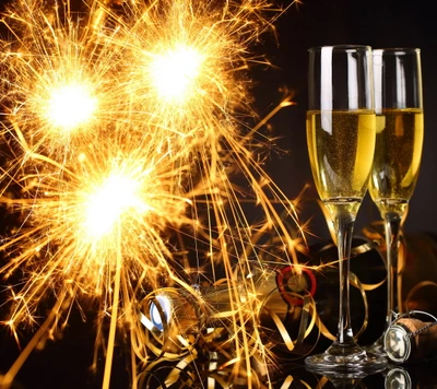 champanhe, fogos de artifício, ouro, feliz, ano novo